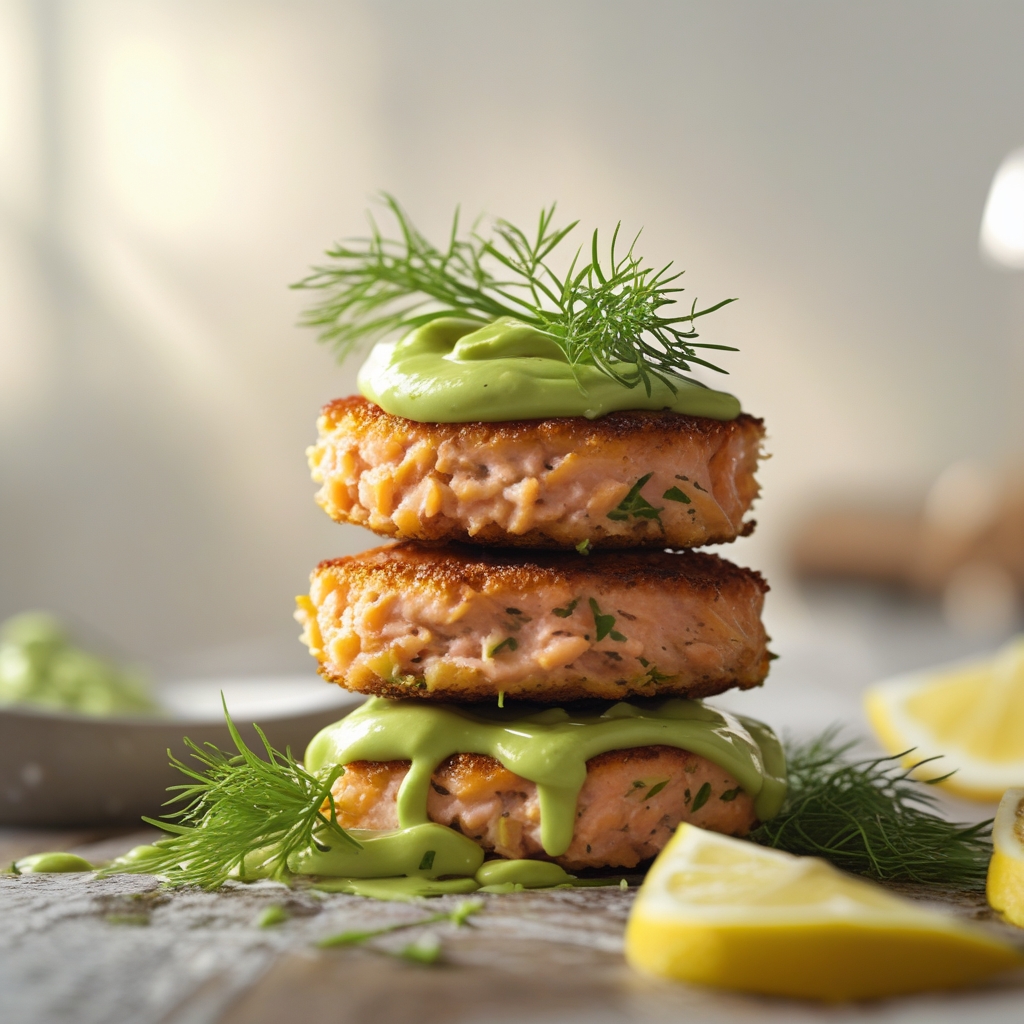 Crispy Salmon & Cannellini Protein Cakes with Lemon-Dill Avocado Spread