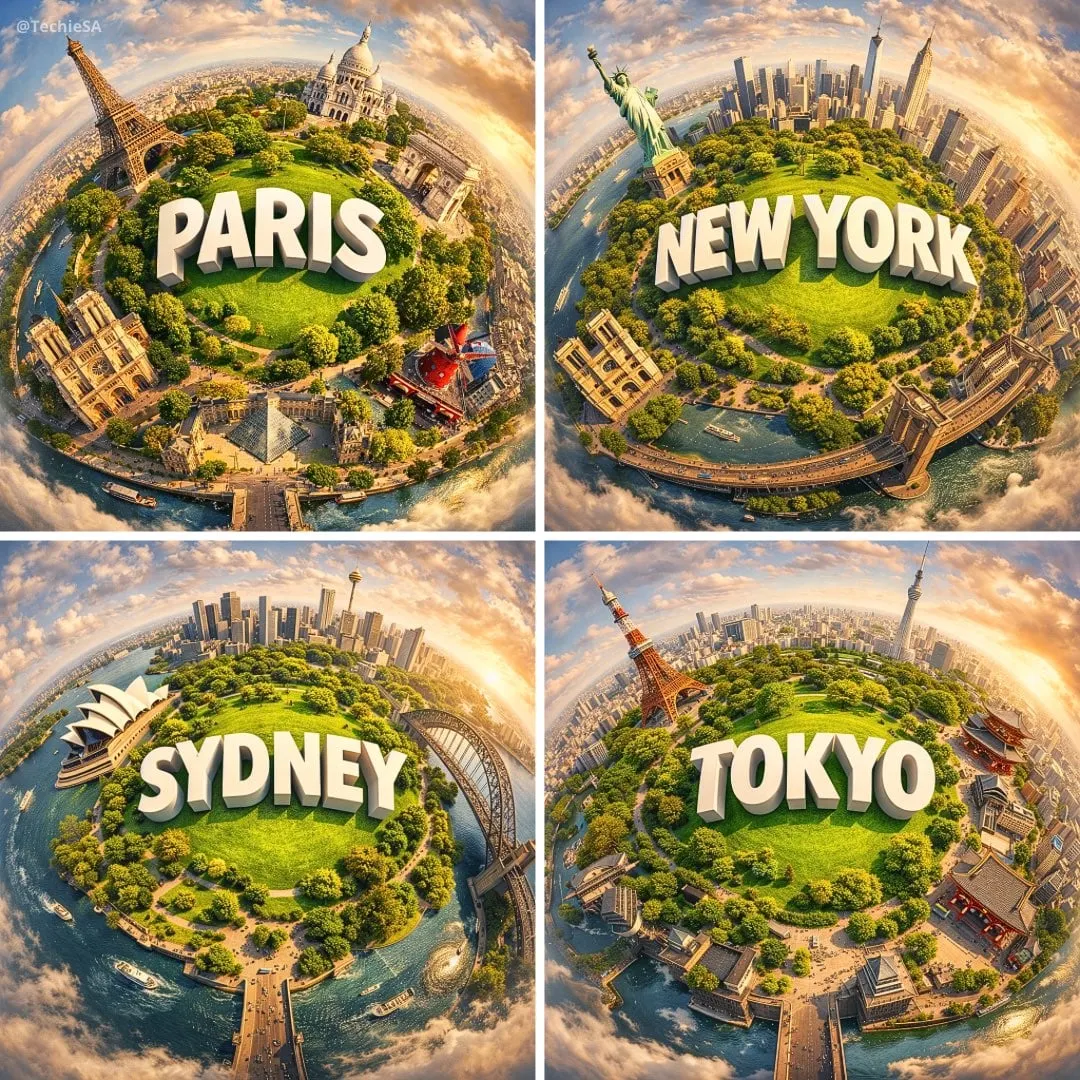 Crea un planeta miniatura hiperrealista que muestre [CITY] con lugares emblemáticos famosos que se curvan sin problemas alrededor del...