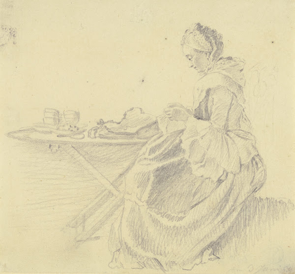Junge Dame mit Handarbeit im Profil nach links neben einem Tisch sitzend 1759