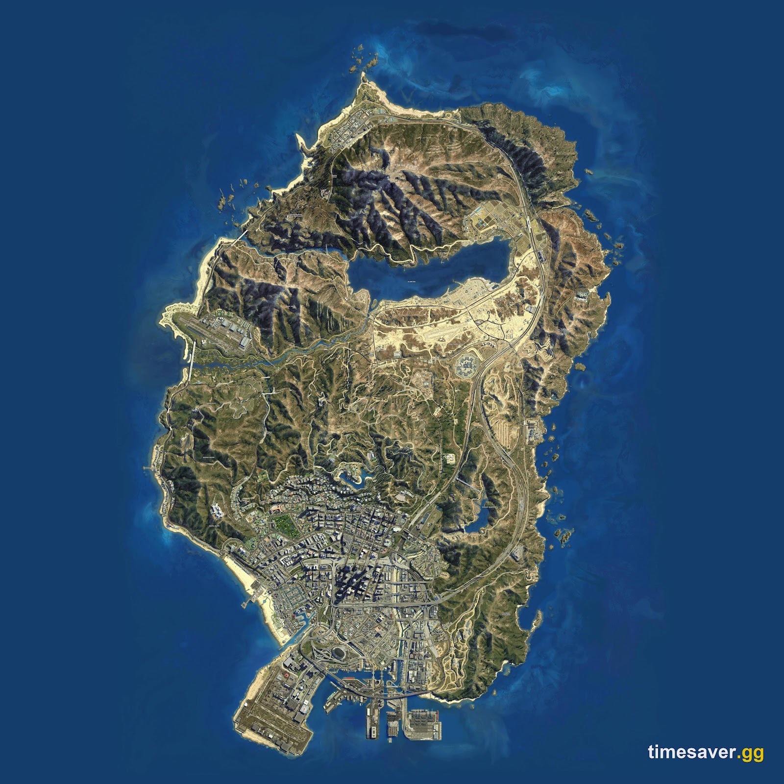 GTA 5's Los Santos and Blaine County satellite map — the ~49 sq mi baseline GTA 6 is measured against