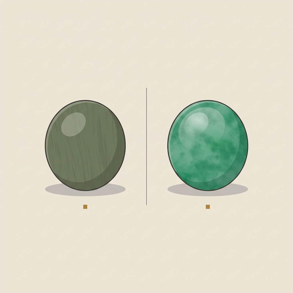 Minimalist vector comparison of nephrite and jadeite cabochons side by side on a soft beige background ede7da showcasing color and texture differences ancient jade ring