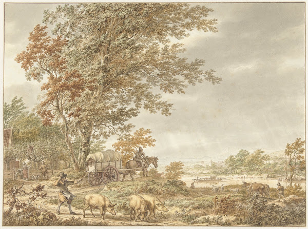 Heuvellandschap met varkenshoeder en andere stoffage een rivier in de verte 1791