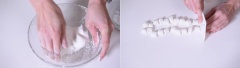 Cho 150g bột gạo nếp vào tô, chế từ từ nước sôi vào, nhào khoảng 5 - 10 phút. Chia bột làm đôi rồi vo thành thah tròn dài, cắt bột thành viên nhỏ. Hành tím băm nhuyễn. Ngò tây, hành lá rửa sạch, cắt nhỏ. Nấm hương, tôm khô ngâm nở, thái nhỏ. Đun nóng chảo với dầu ăn, phi thơm hành tím rồi cho thịt bằm vào xào chín.