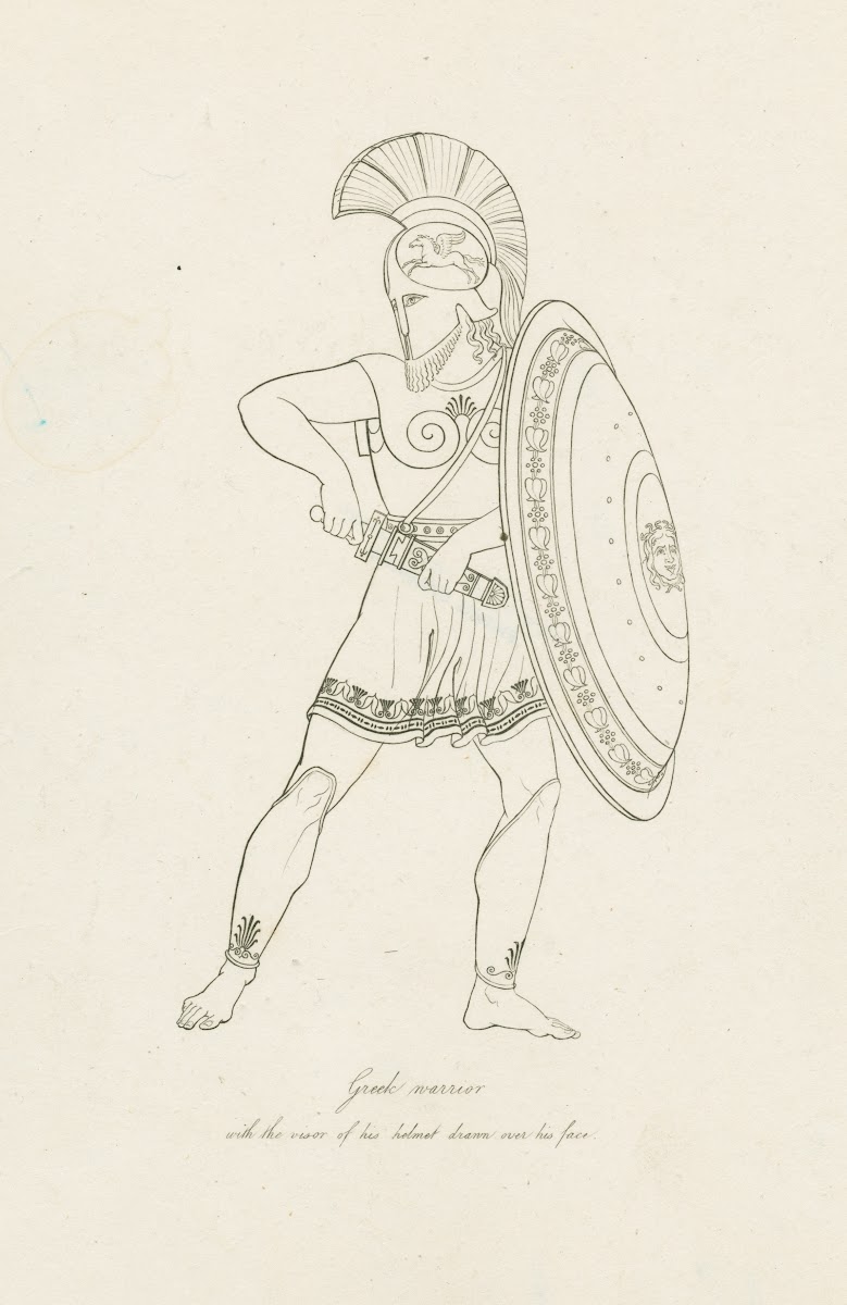 Greek warrior with the visor of his helmet drawn over his face 1812