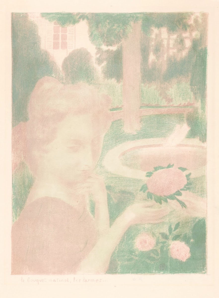 Jonge vrouw krijgt bloemenboeket in een tuin 1899