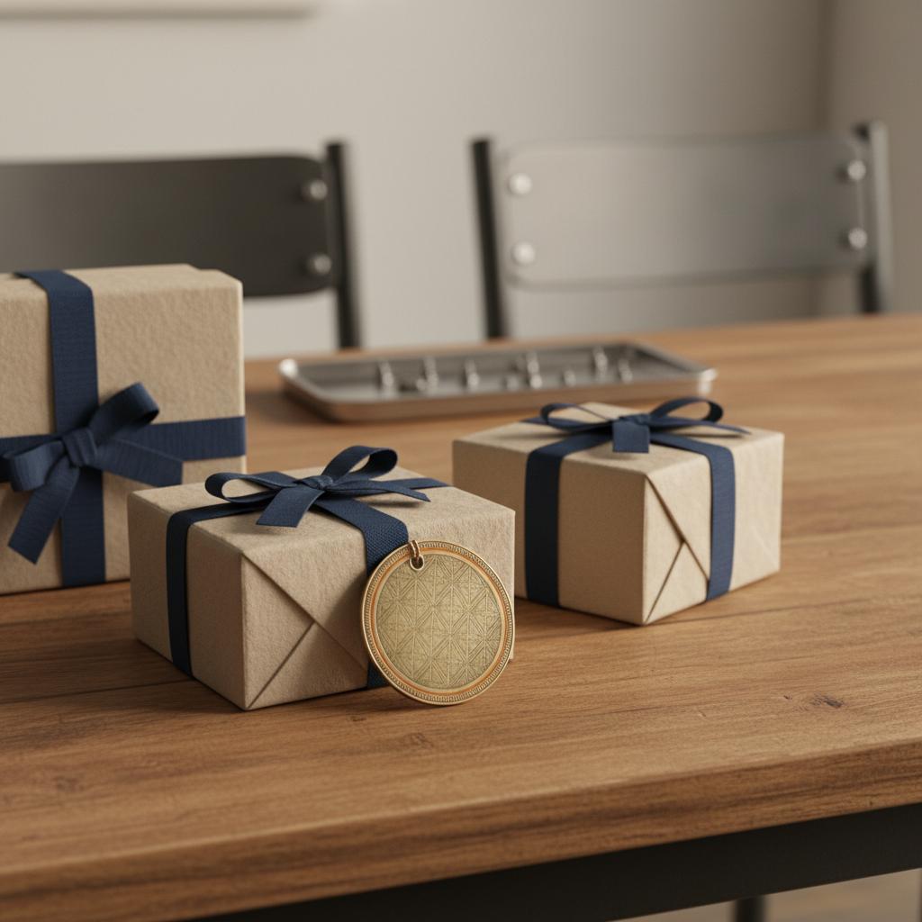 Nahaufnahme mehrerer Geschenkboxen mit graviertem Metallanhänger auf Holztisch, dezente Akzente #0044CC und #ff9800, Geschenk für erwachsenen Sohn.