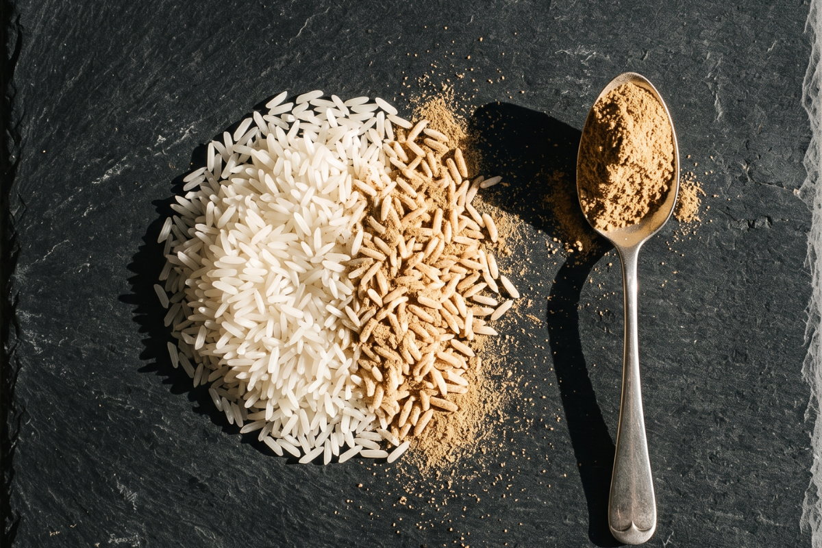 A pile of white rice beside a spoon of tan mushroom powder on a dark surface