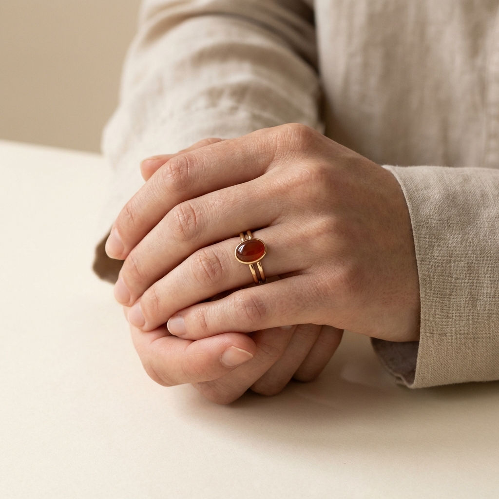 Close up of hands wearing a low profile carnelian cabochon ring stacked with thin gold bands on the ring finger against a neutral Aurora Antiqua background