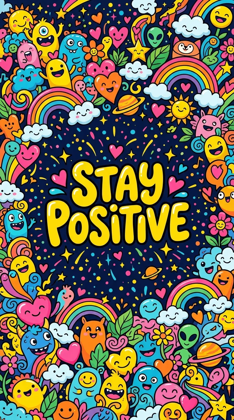 Colorful Doodle Art Background with 'Stay Positive' Typography - Free 4K mobile Wallpaper