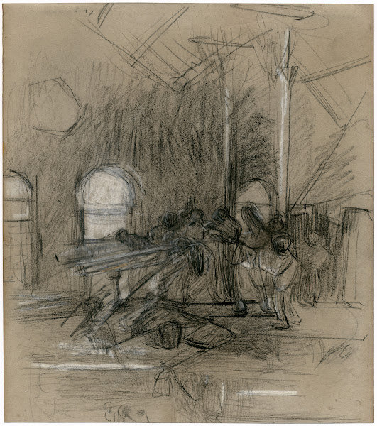 Interieur van een glasblazerij 1888