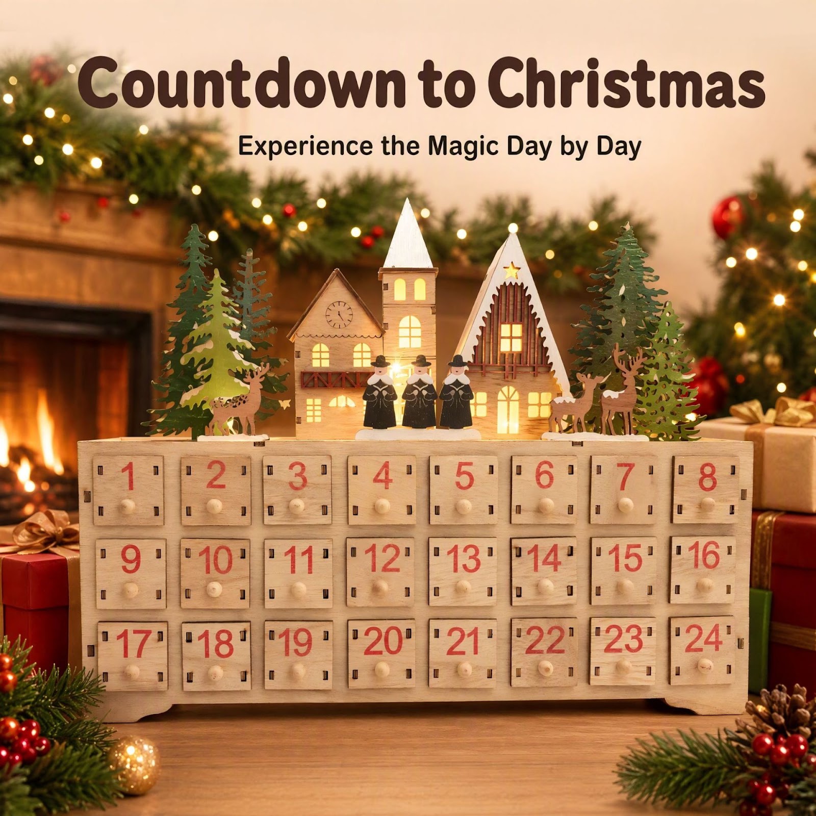 Wood Advent Calendar, Village Design, 24 Compartments