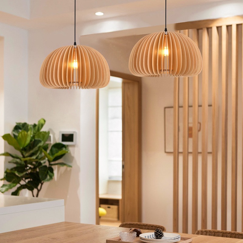 Wood Pendant Lamp with LED, Height Adjustable