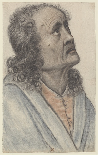 Homme âgé aux cheveux longs et bouclés levant la tête vu presque de profil à dro