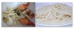 Thịt cua hấp chín xé nhỏ. Bún ngâm vào nước cho mềm rồi vớt ra để ráo nước.