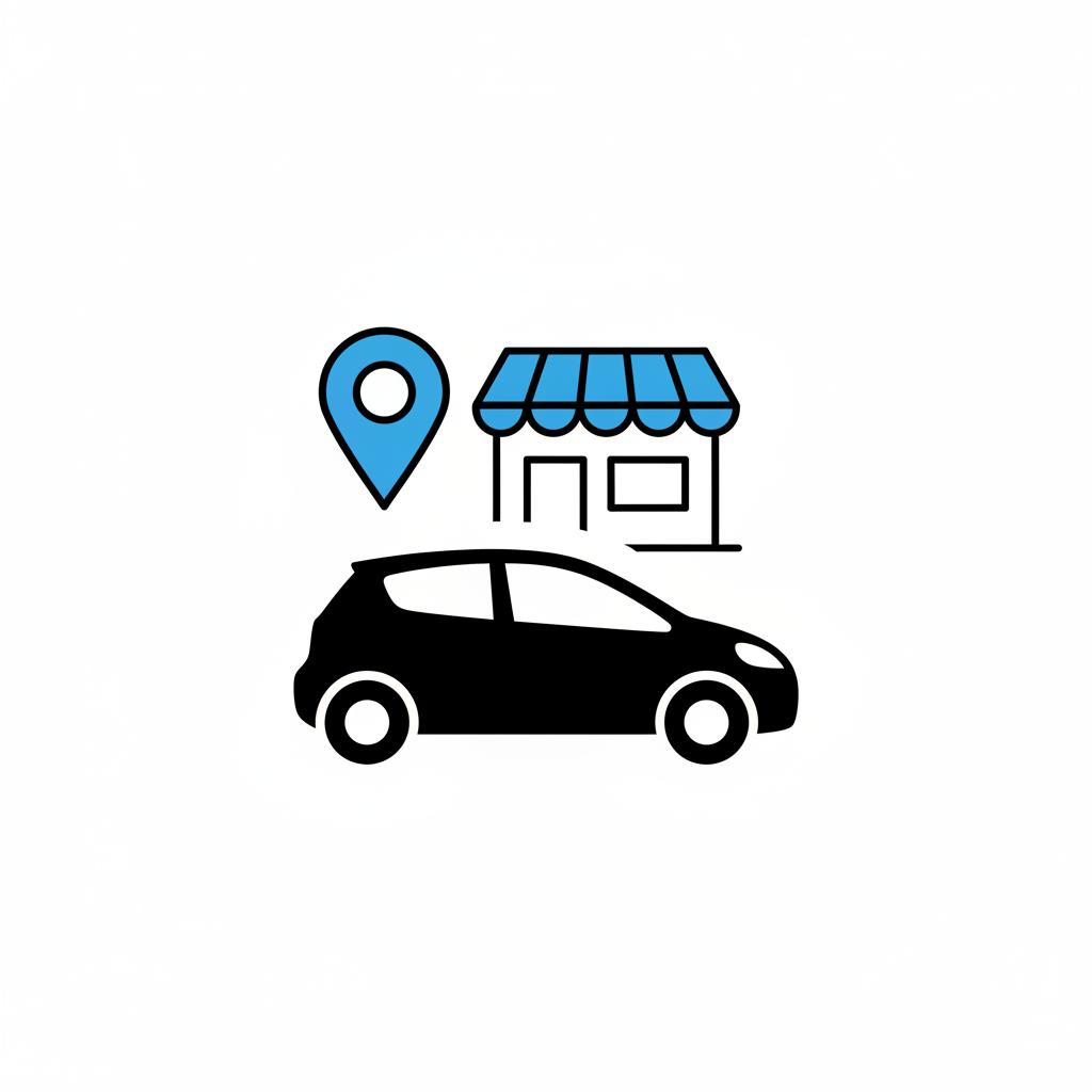 Minimal 2D vector of a generic car silhouette with blue location pin and simplified storefront on white background representing vw car dealers near me