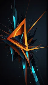 Shattered orange and blue geometric triangle against dark void