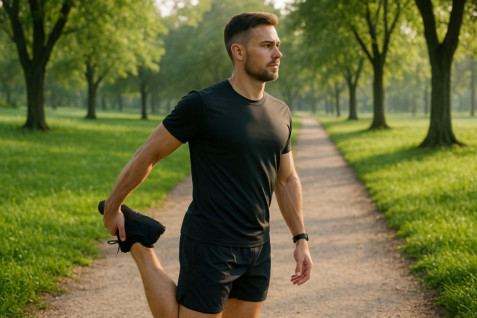 Corredor estirando cuádriceps en un parque