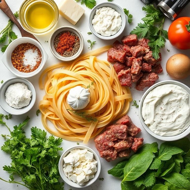 Ingredients for Creamy Garlic Yogurt Pasta with Spiced Beef and Feta: Easy Dinner in 40 Minutes