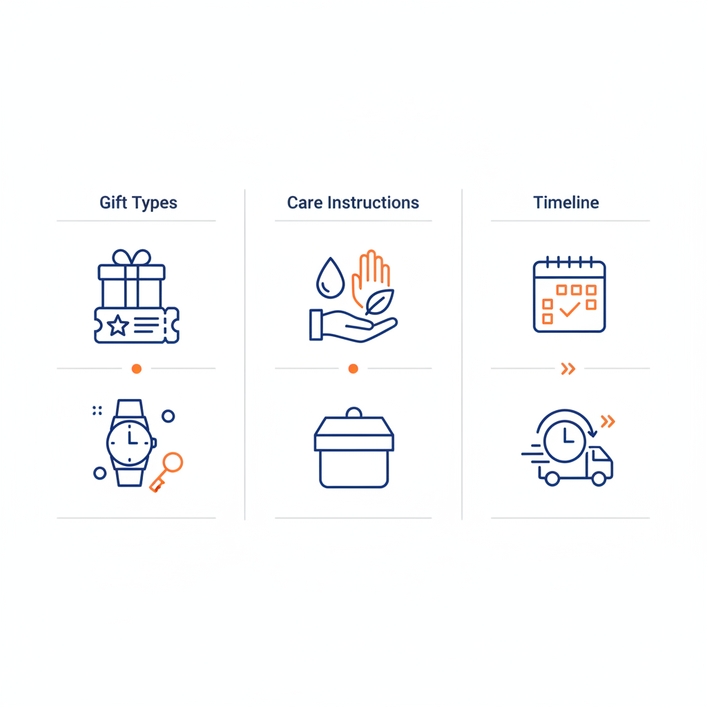 Minimalistische 2D-Vektor-Infografik mit Icons zu Geschenktypen, Pflegehinweisen und Zeitrahmen für geschenke für männer in Steelmonks-Farben