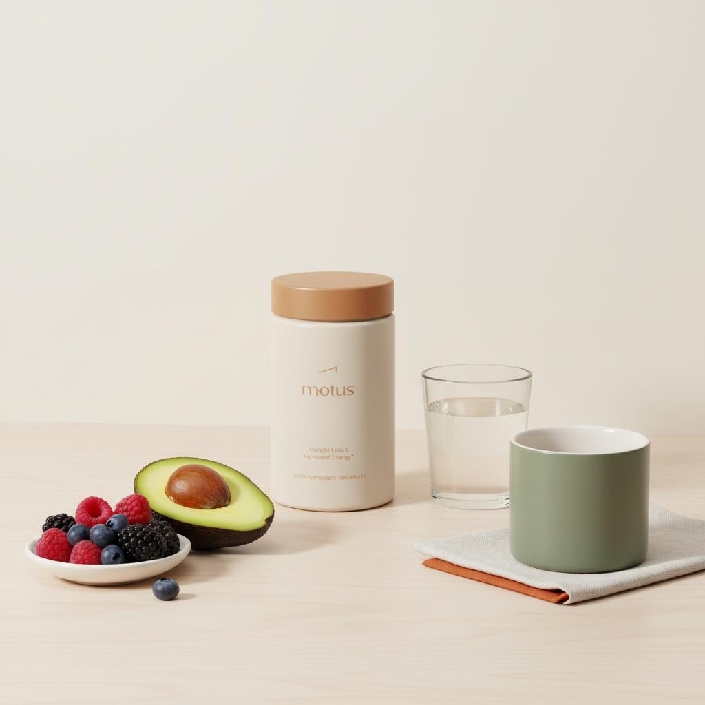 Tonum Motus bottle with avocado half, berries, coffee and water on wooden surface illustrating do liver detoxes work