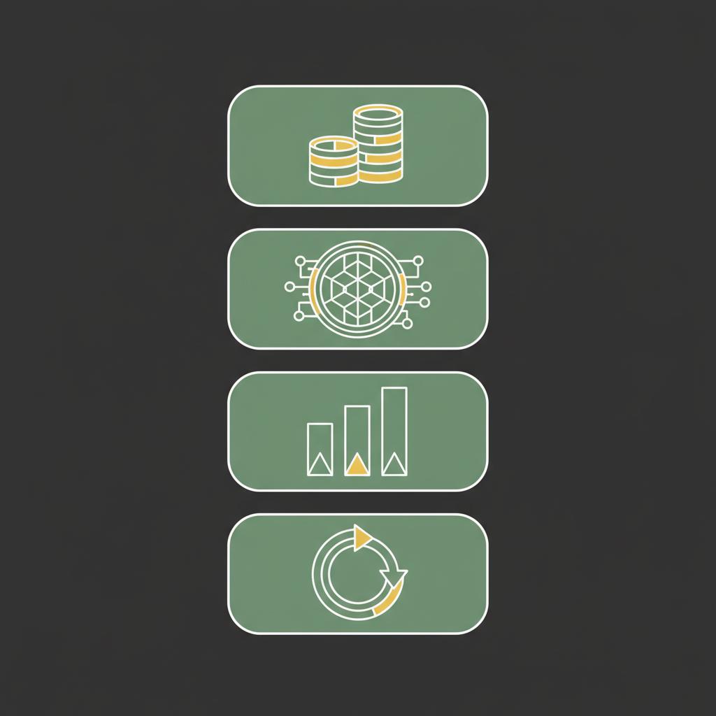 Minimal 2D vector infographic of four stacked boxes showing coin stack crypto coin bar chart and circular growth icon illustrating roth ira crypto calculation steps
