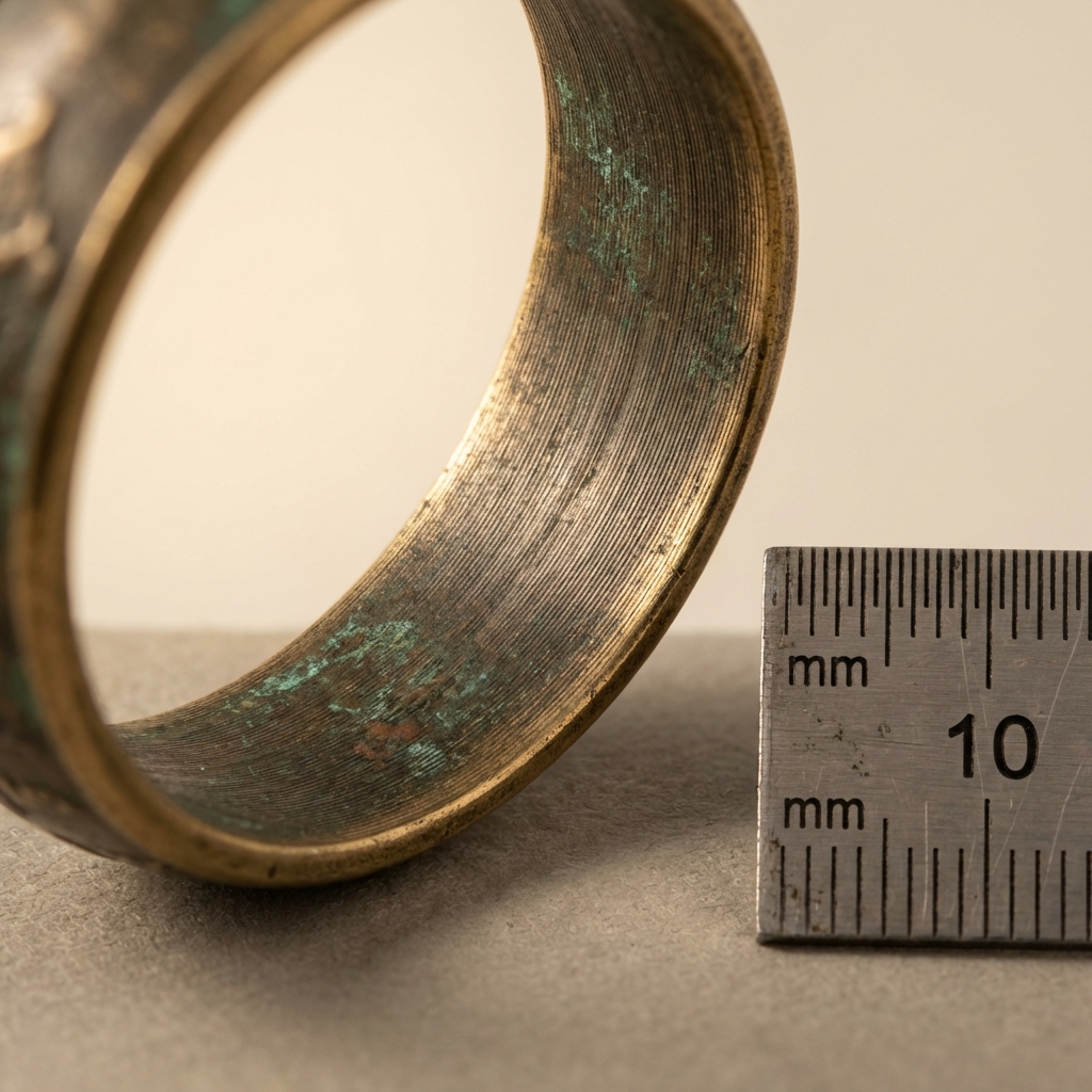 Macro photo of greek coin rings inner hoop showing tool marks patina next to a small ruler for scale on a cream minimalist background