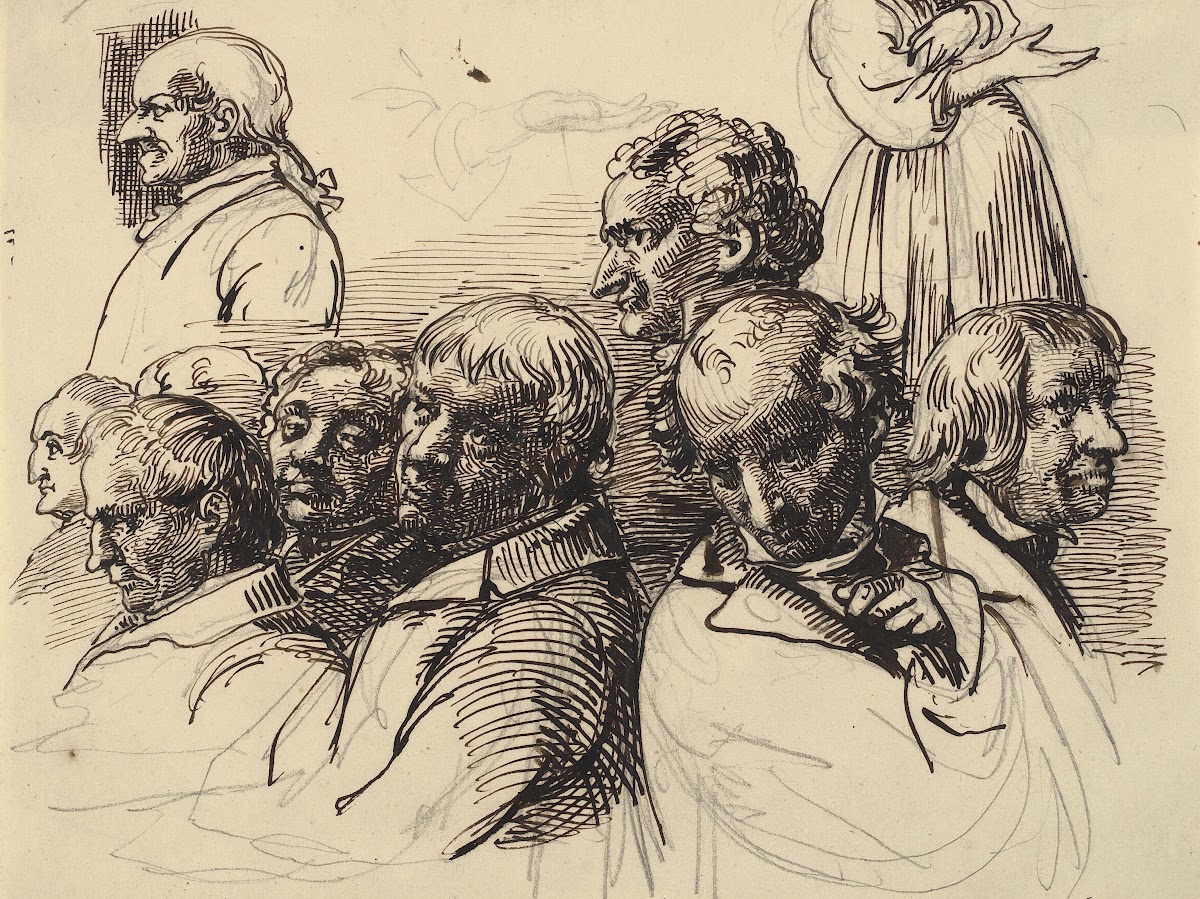 Studieblad med otte mandshoveder og en kvinde uden hoved 1810  1873