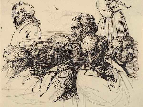 Studieblad med otte mandshoveder og en kvinde uden hoved 1810  1873