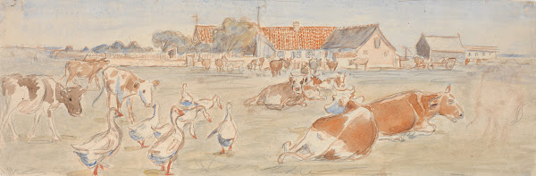 Køer og gæs ved Nyværk på Saltholm udkast til dekoration af punchebolle 1893
