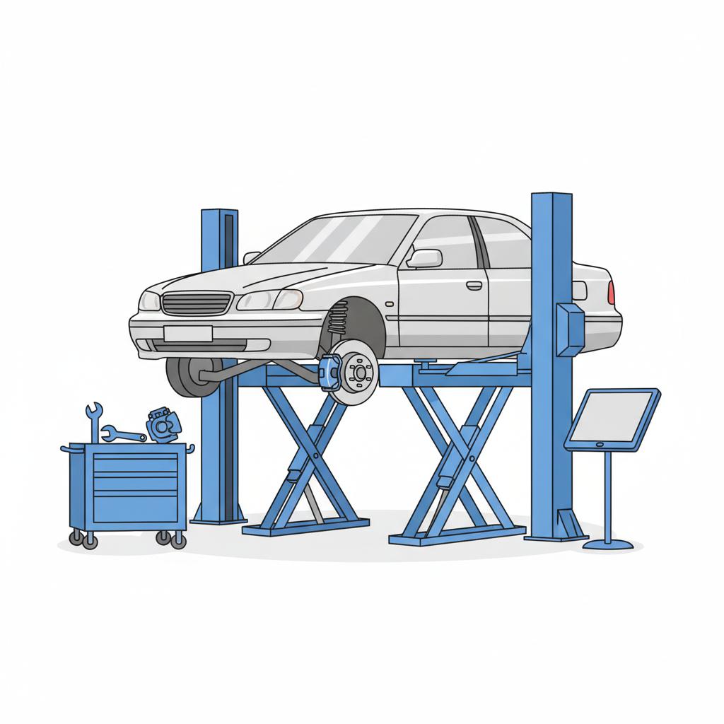 Minimalist vector illustration of a used Toyota Camry on a service lift showing exposed brake rotor and suspension components no people used toyota camry for sale
