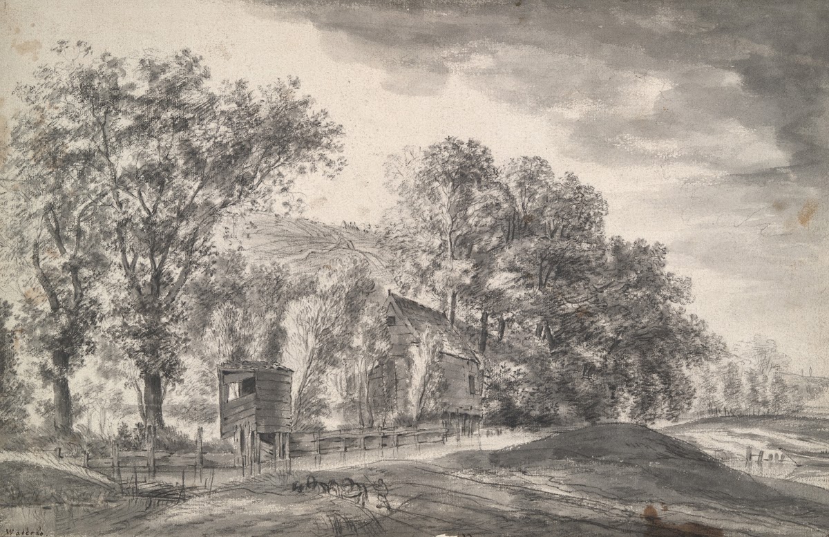 Trees and cottages in hillylandscape 17thcentury