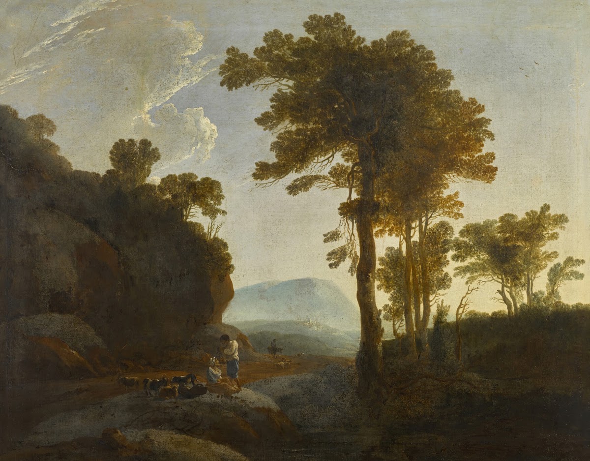 Extensive landscape with a shepherd and shepherdess and their flock