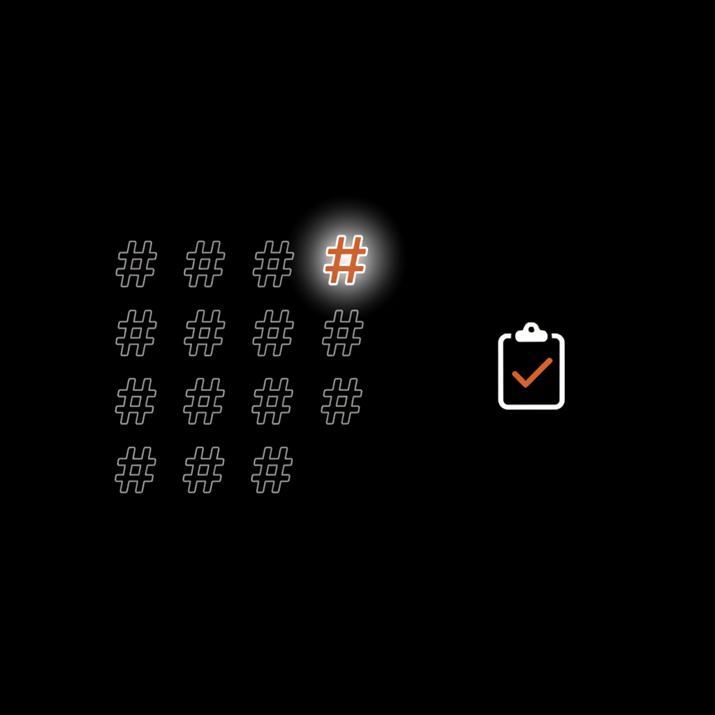 Minimal vector infographic on black background showing one highlighted hashtag among faded tags and a small checklist icon, visual for are hashtags dead on Twitter