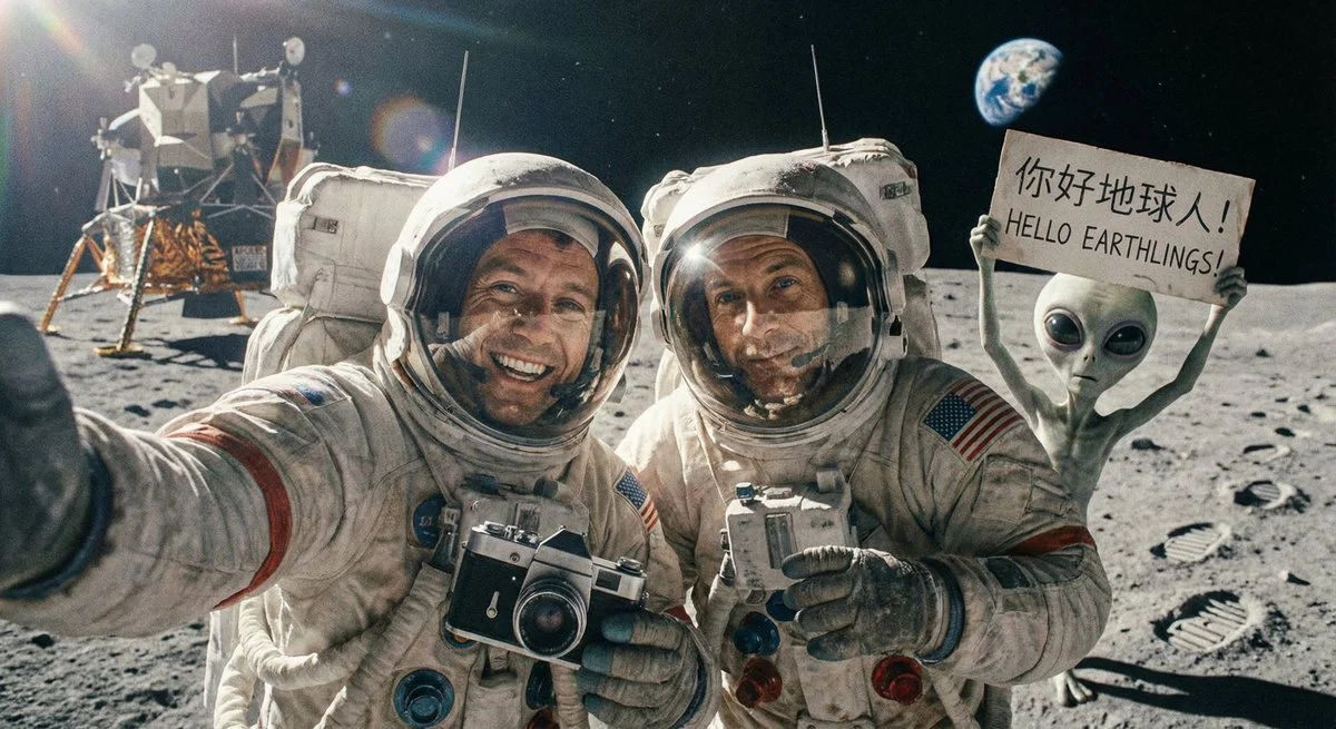 Astronautas y un simpático hombrecito gris se toman una selfie en la Luna.