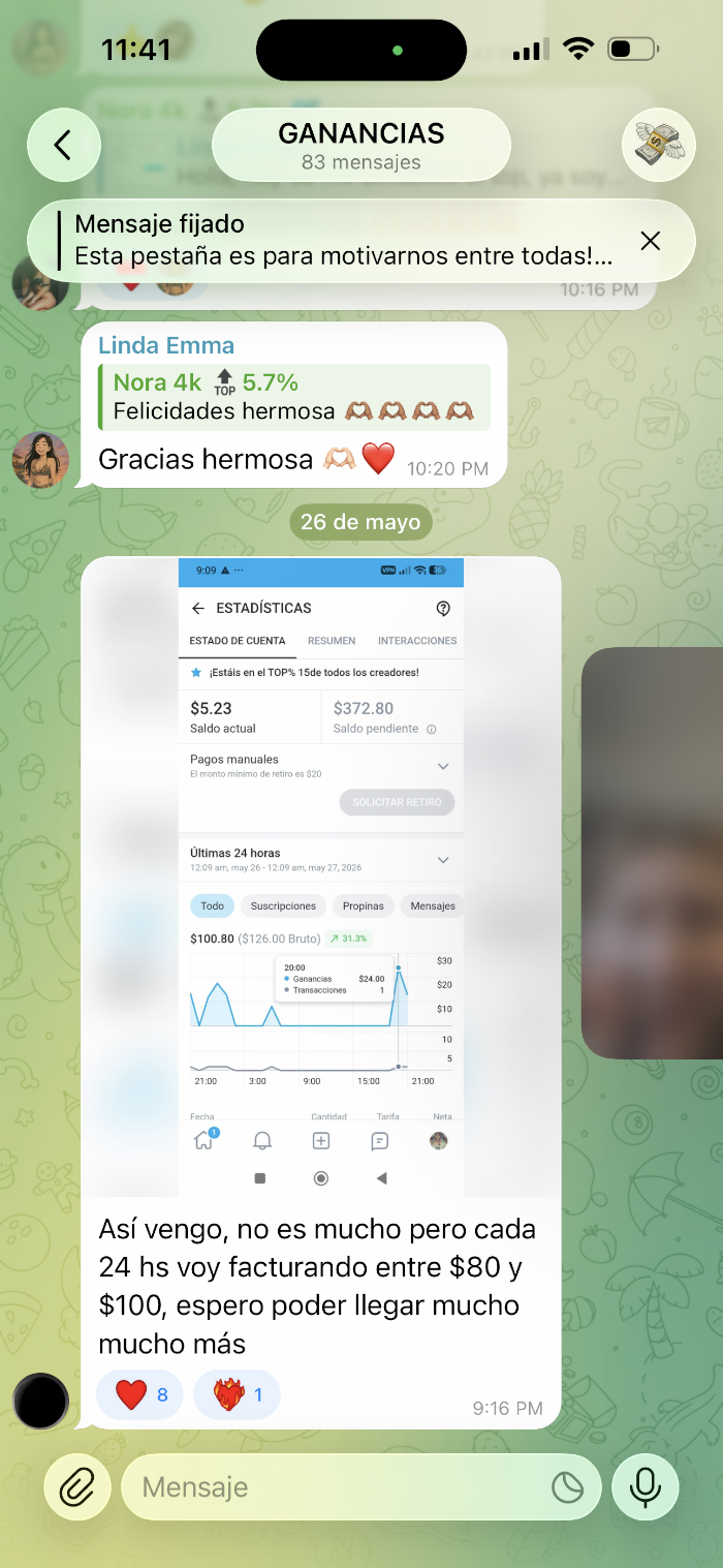 Captura de mensaje real de una creadora de la comunidad