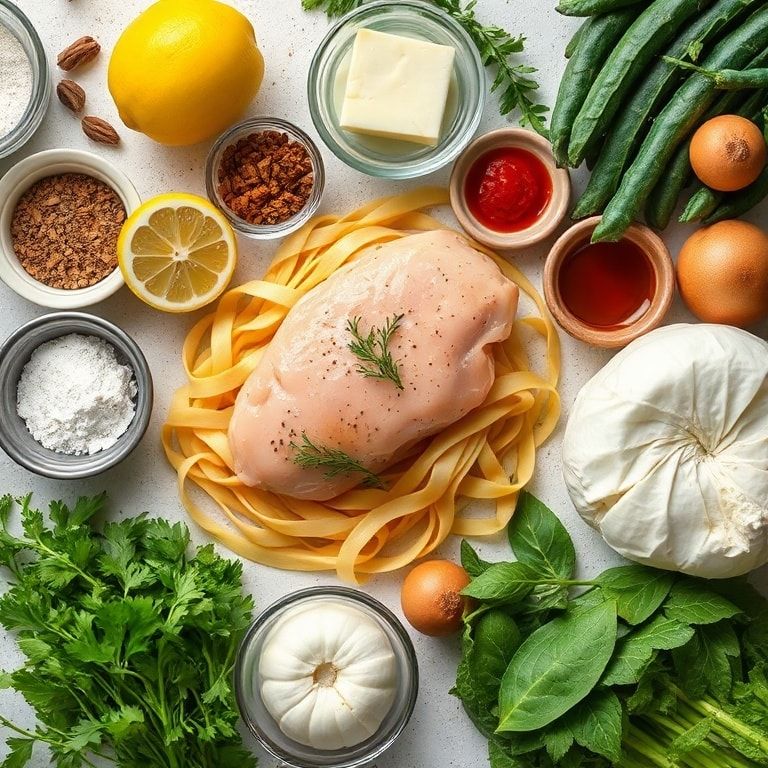 Ingredients for Creamy Lemon Garlic Butter Chicken Pasta Ready in 35 Minutes – Quick & Fluffy Chicken Pasta