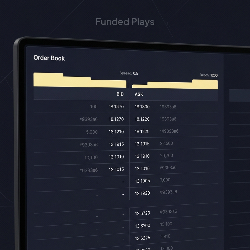 Close up of a digital order book with highlighted top of book depth bars and annotated bid ask spreads illustrating How Market Liquidity Can Influence Pricing on a Funded Plays minimalist dark interface