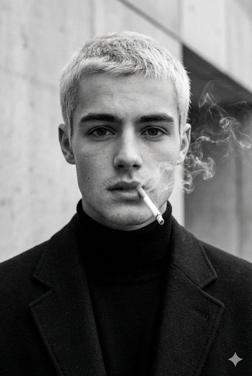 Retrato de moda ultrarrealista en blanco y negro de un hombre con cabello corto y rubio, que viste un abrigo oscuro a medida...