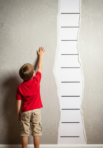 Boy Climbing Torn Paper Ladder