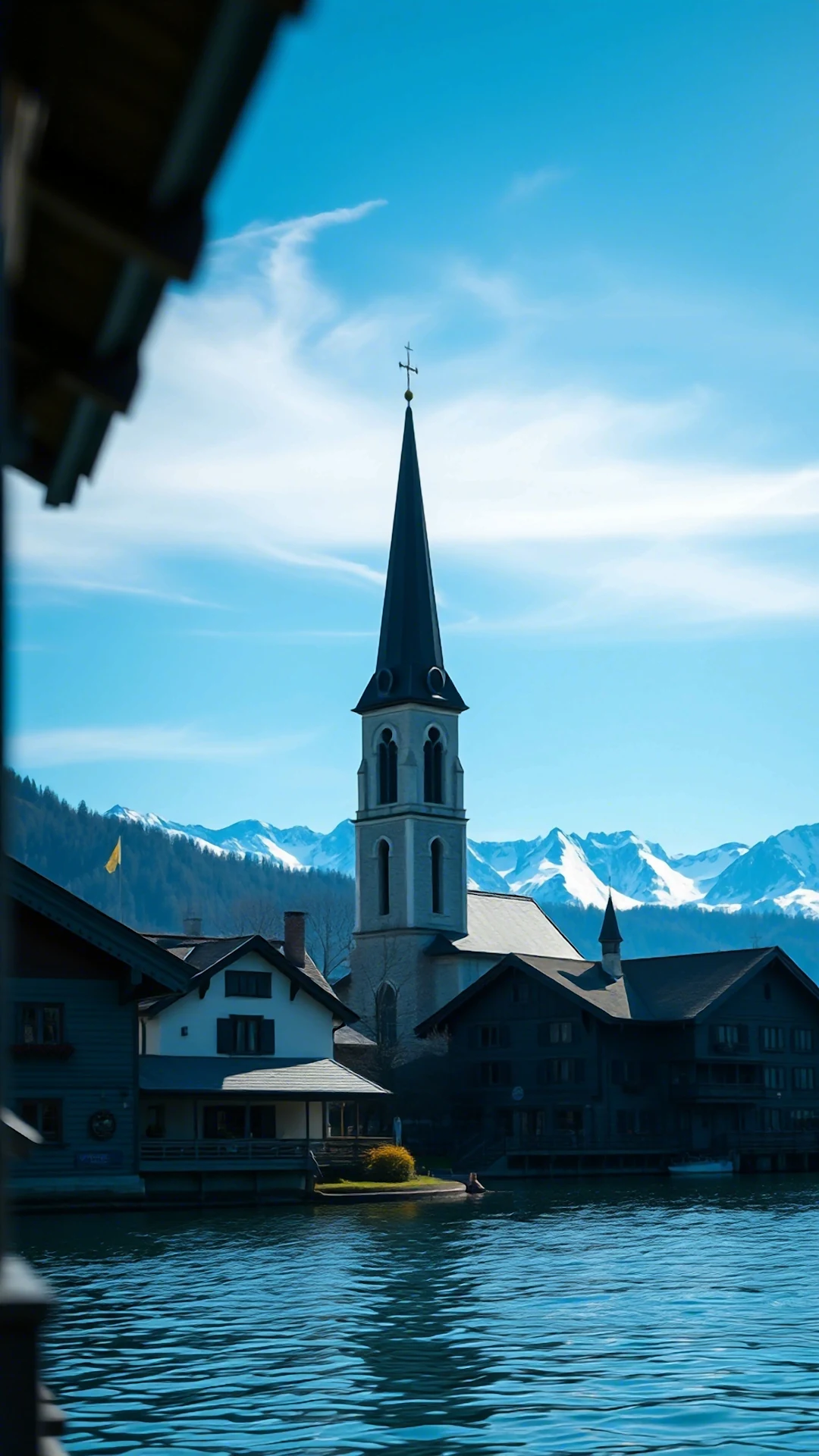 Dramatic Church Tower View Framed by Roofs and Water - Free 4K mobile Wallpaper