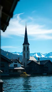 Dramatic Church Tower View Framed by Roofs and Water