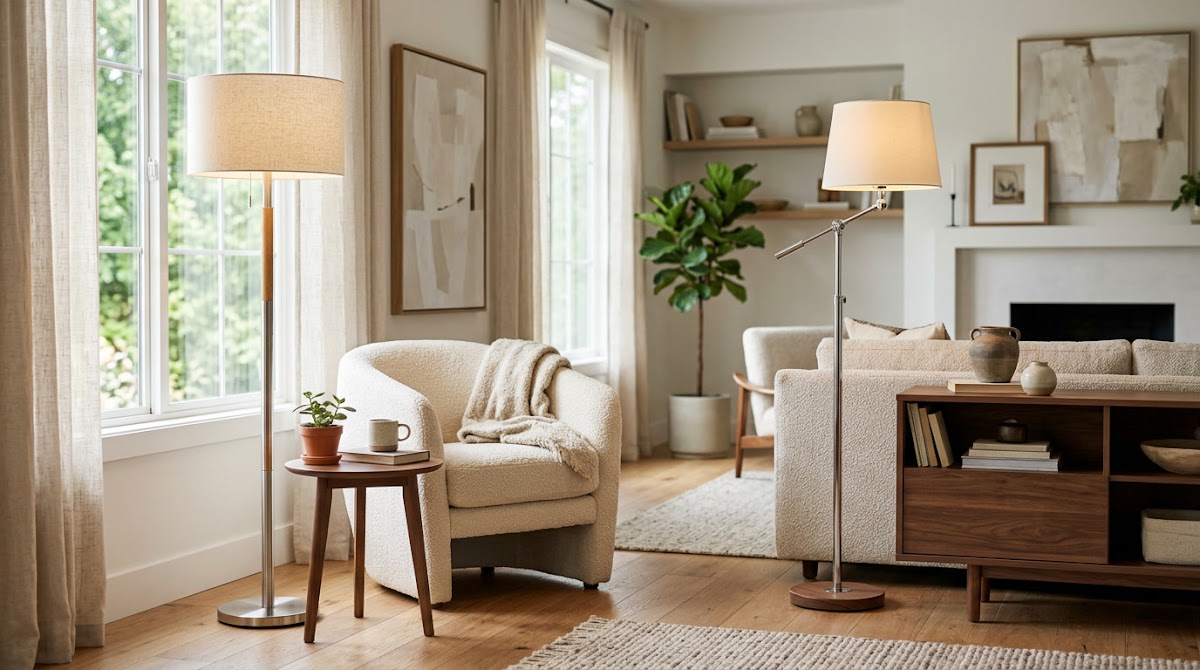 How to Warm Up Chrome Floor Lamps in a Modern Living Room - small apartment chrome furniture measured beside warm wood storage