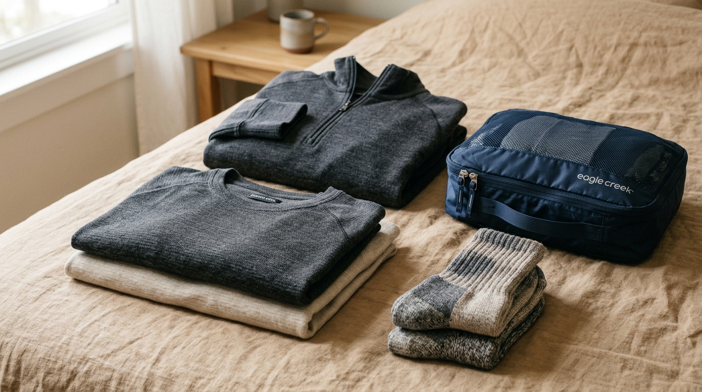 Folded charcoal and oatmeal 200gsm merino wool thermal base layers, quarter-zip midlayer, and merino wool socks next to a compression packing cube