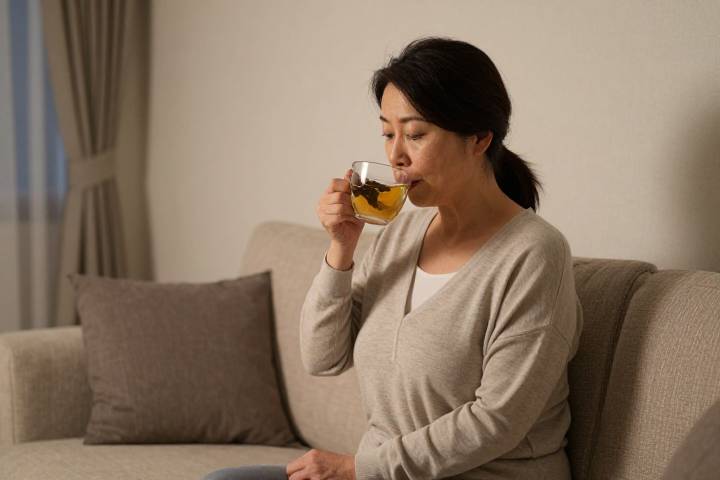 夜に温かいお茶を飲んでリラックスする50代の日本人女性