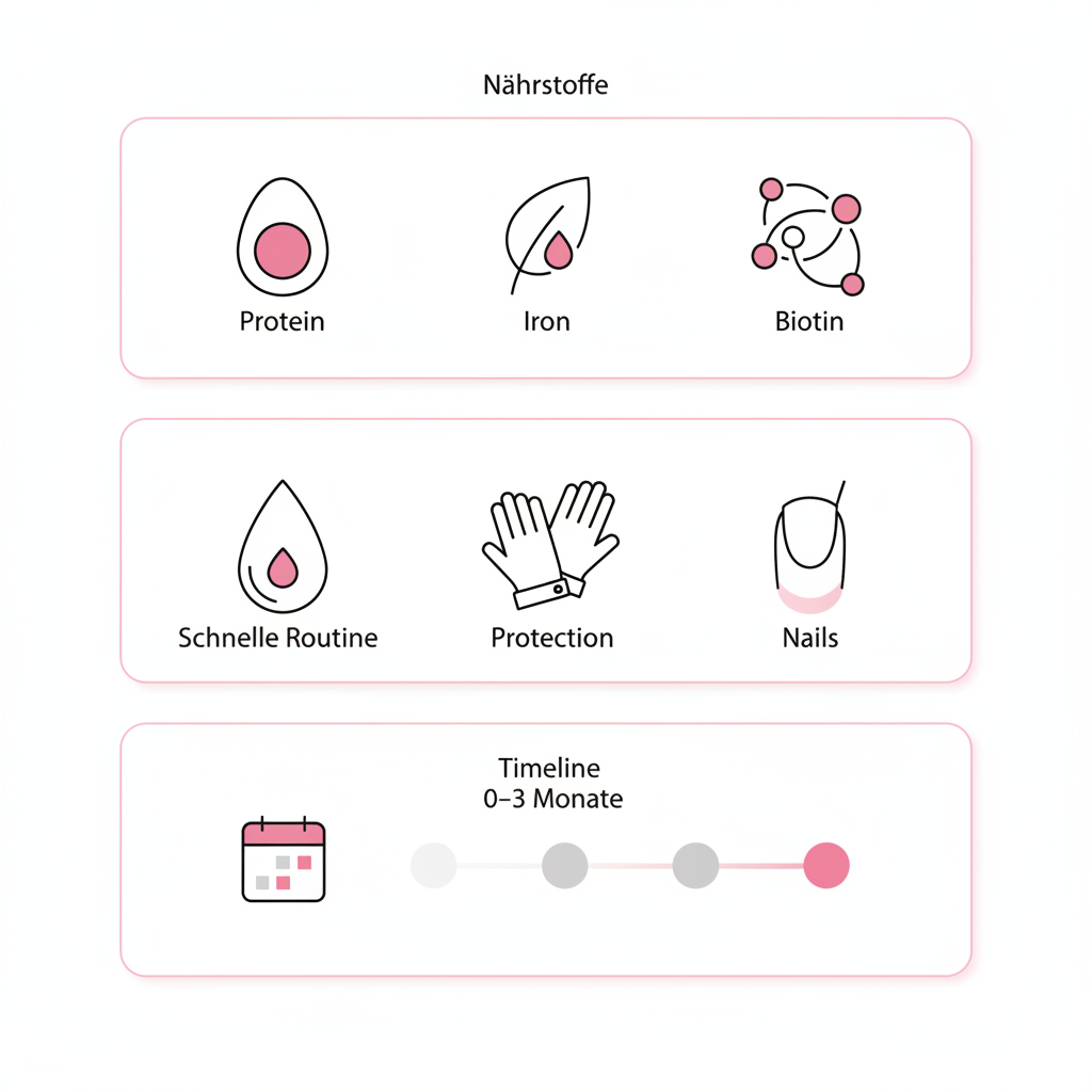 Minimalistische 2D-Infografik zu brüchige Nägel Ernährung mit Nährstoff-Icons, Pflegeroutine-Symbolen und Drei-Monats-Timeline in NailX-Farben.