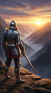 Fantasy Knight Surveying Foggy Sunset Mountain Kingdom