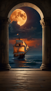 Majestic Sailboat Under Orange Moon Through Stone Arch