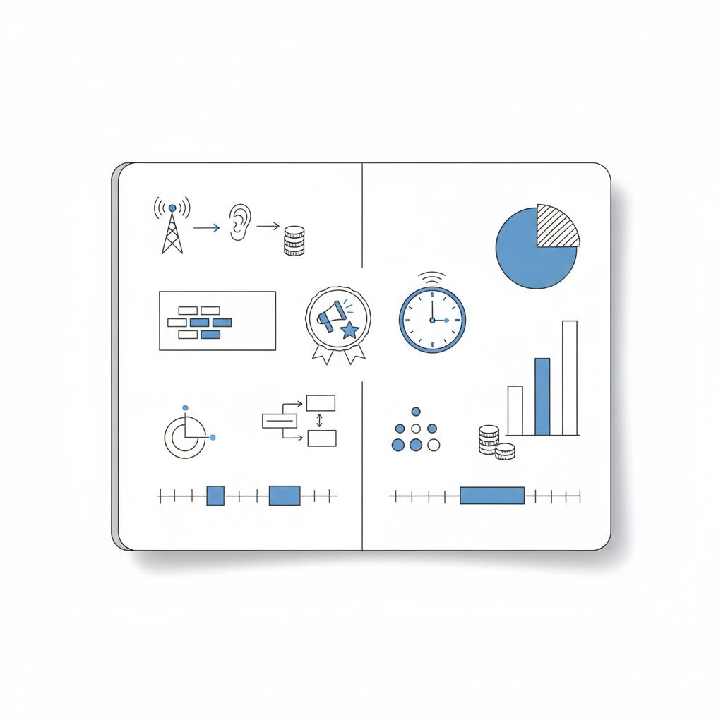 Minimal 2D vector notebook sketch showing radio advertising cost: drive-time slots, sponsorship and remnant inventory represented by icons and simple charts in Agency Visible colors.