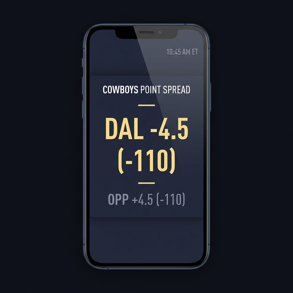 Close up smartphone screen showing odds aggregator with cowboys point spread and timestamp on dark minimalist Funded Plays style UI