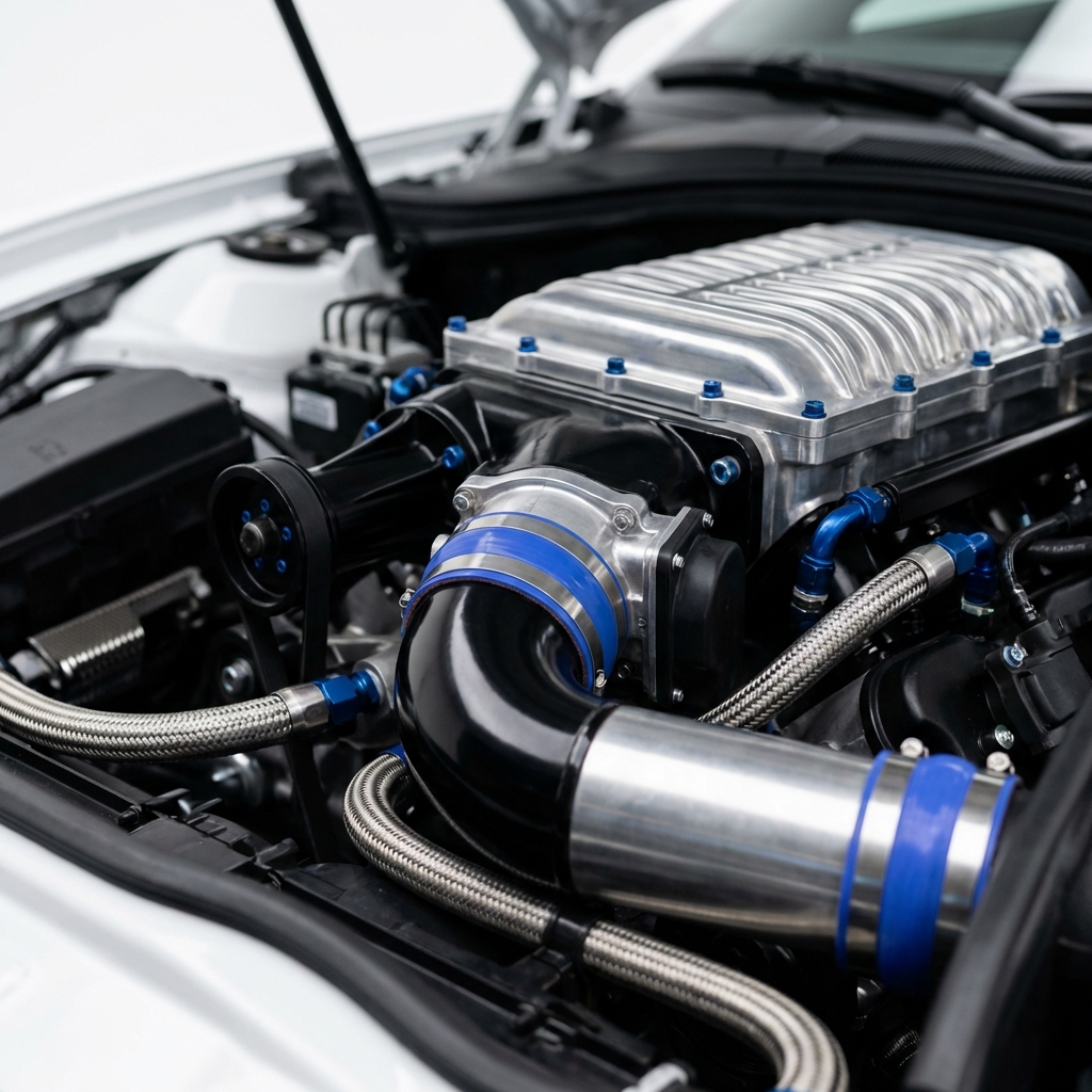 Close up of a supercharged 6.2L V8 intake and cooling ducts in a clean Camaro ZL1 engine bay camaro zl1 for sale
